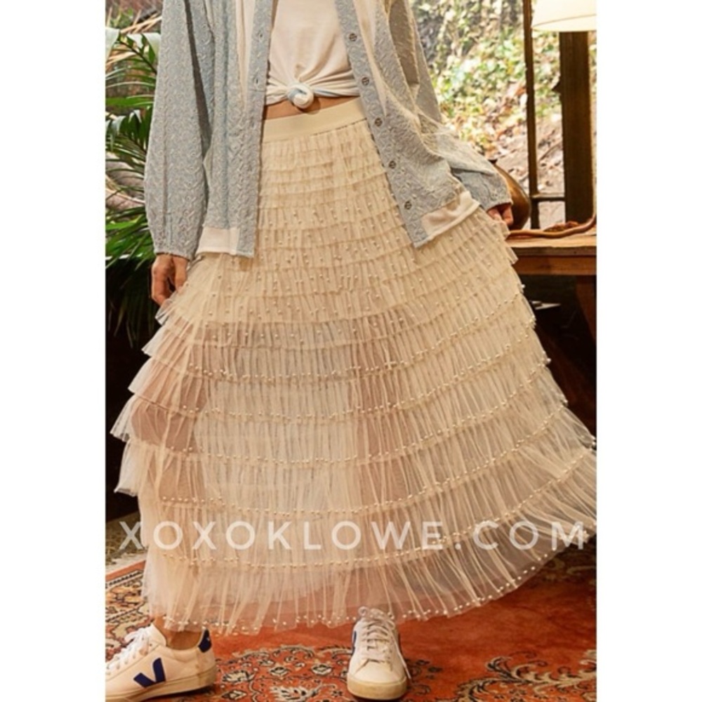POL Cream Tulle Maxi Skirt | Pearl Embellished Tiered Ruffle